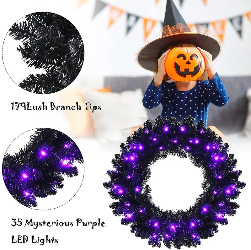 24-Inch Black Halloween Wreath – Pre-Lit Artificial Decor for Indoor or Outdoor Use
