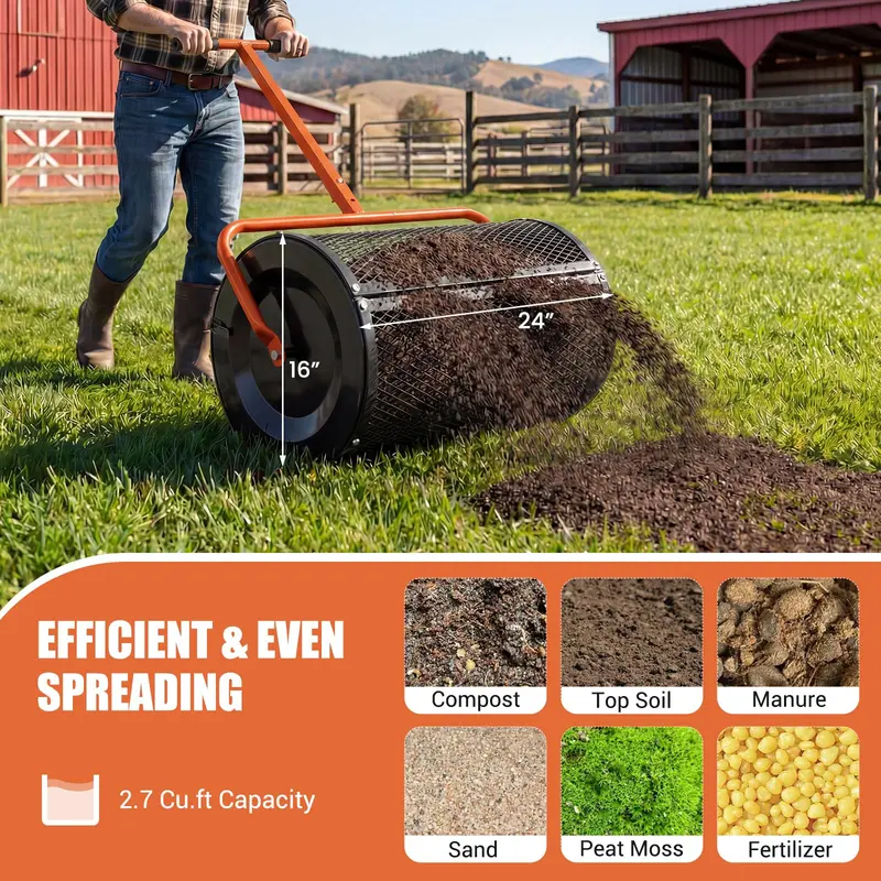 24-Inch Compost and Peat Moss Spreader with Rolling Drum Mechanism
