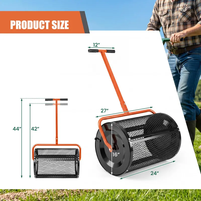 24-Inch Compost and Peat Moss Spreader with Rolling Drum Mechanism