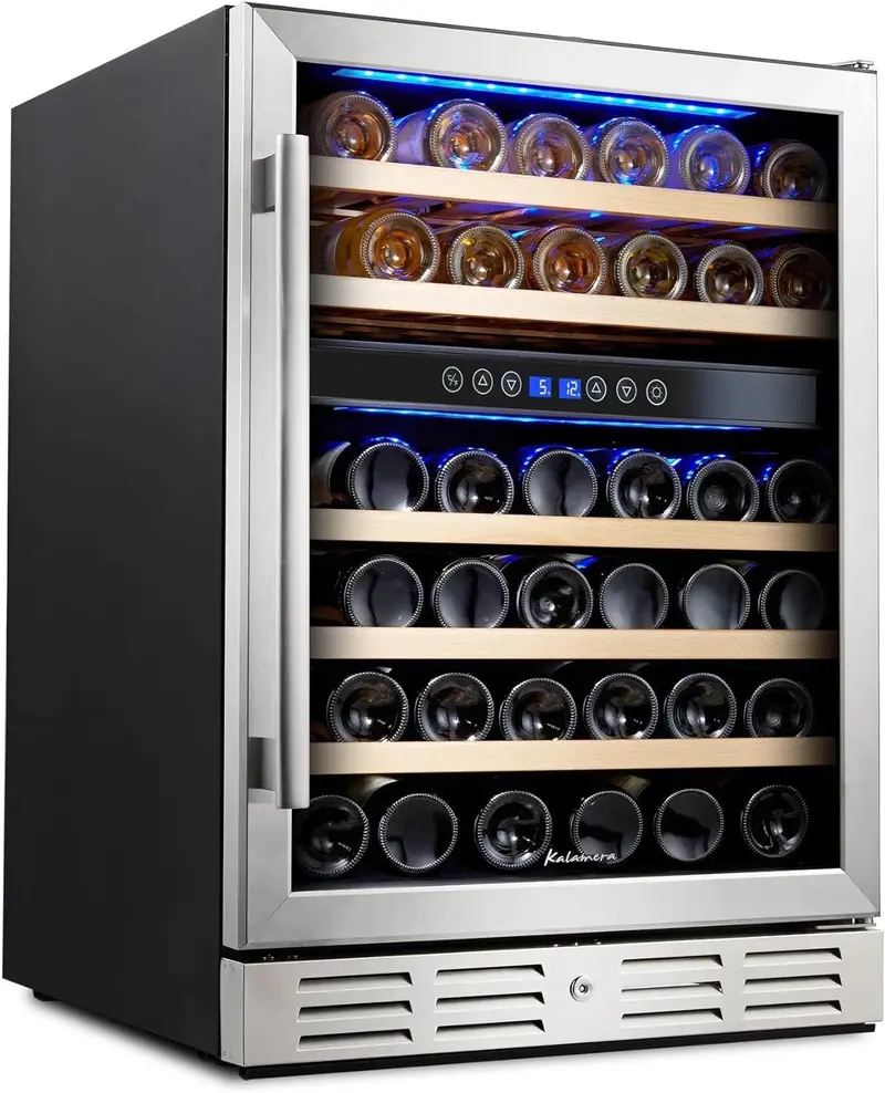 24-Inch Dual-Zone Wine Cooler – 46-Bottle Stainless Steel Built-In or Freestanding Refrigerator with Reversible Glass Door