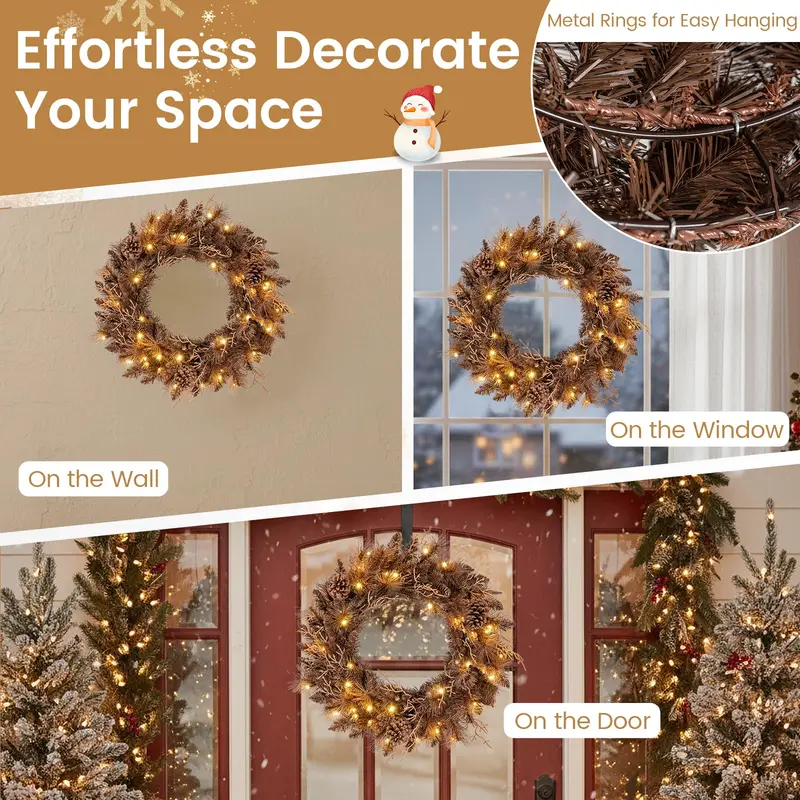 24-Inch LED Christmas Wreath – Elegant Pre-Lit Holiday Ring with 105 Branch Tips & Soft Glow Lighting