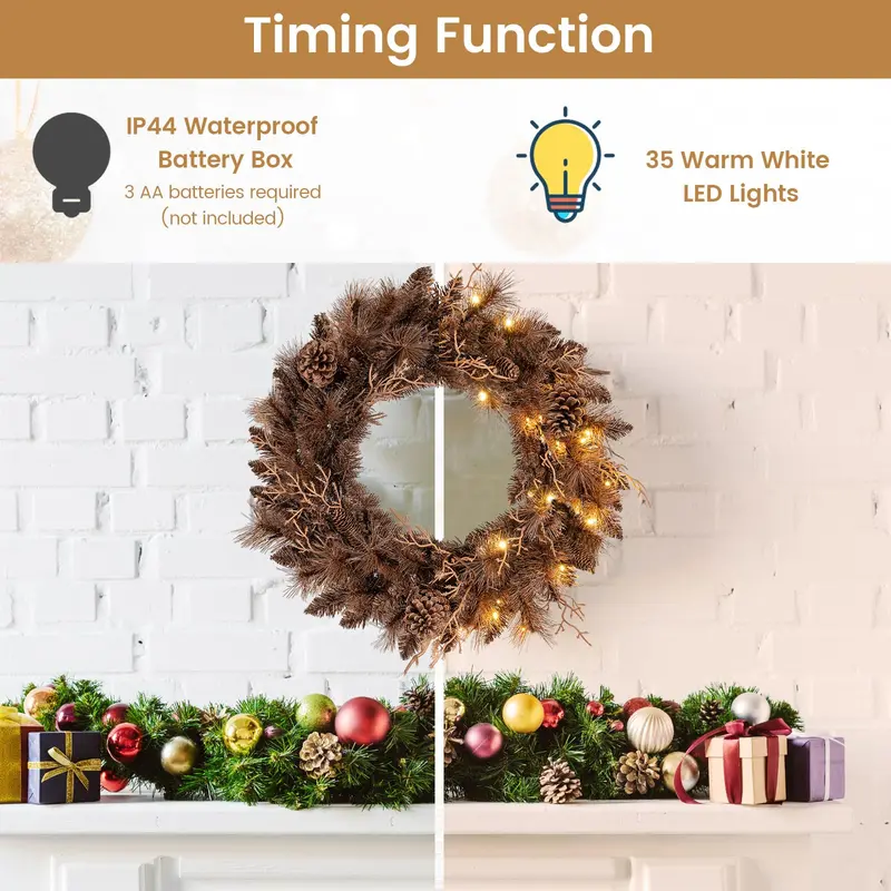 24-Inch LED Christmas Wreath – Elegant Pre-Lit Holiday Ring with 105 Branch Tips & Soft Glow Lighting