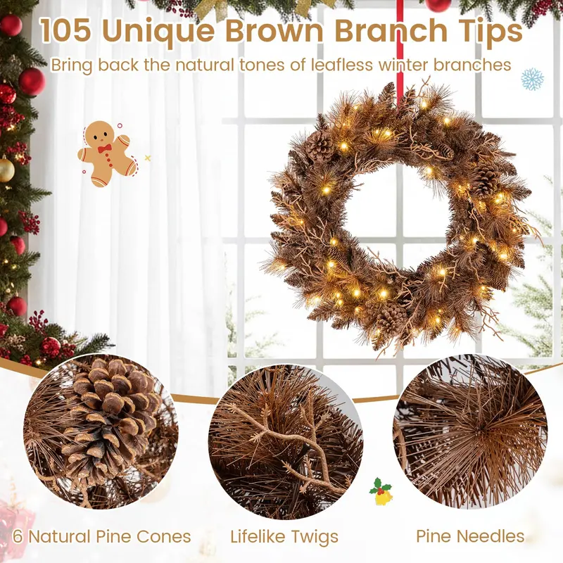 24-Inch LED Christmas Wreath – Elegant Pre-Lit Holiday Ring with 105 Branch Tips & Soft Glow Lighting