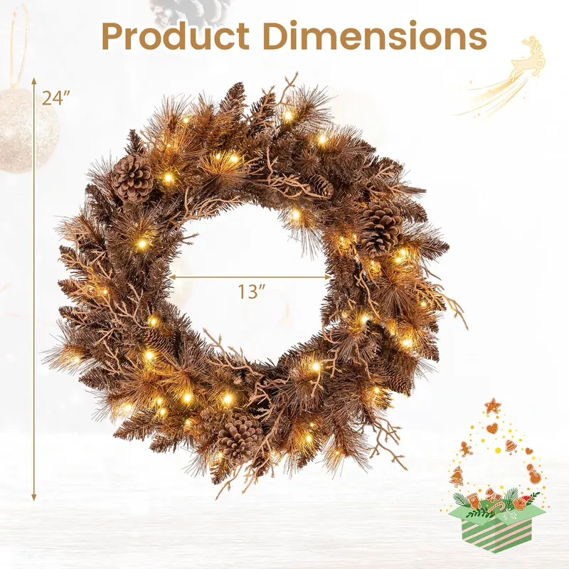 24-Inch LED Christmas Wreath – Elegant Pre-Lit Holiday Ring with 105 Branch Tips & Soft Glow Lighting
