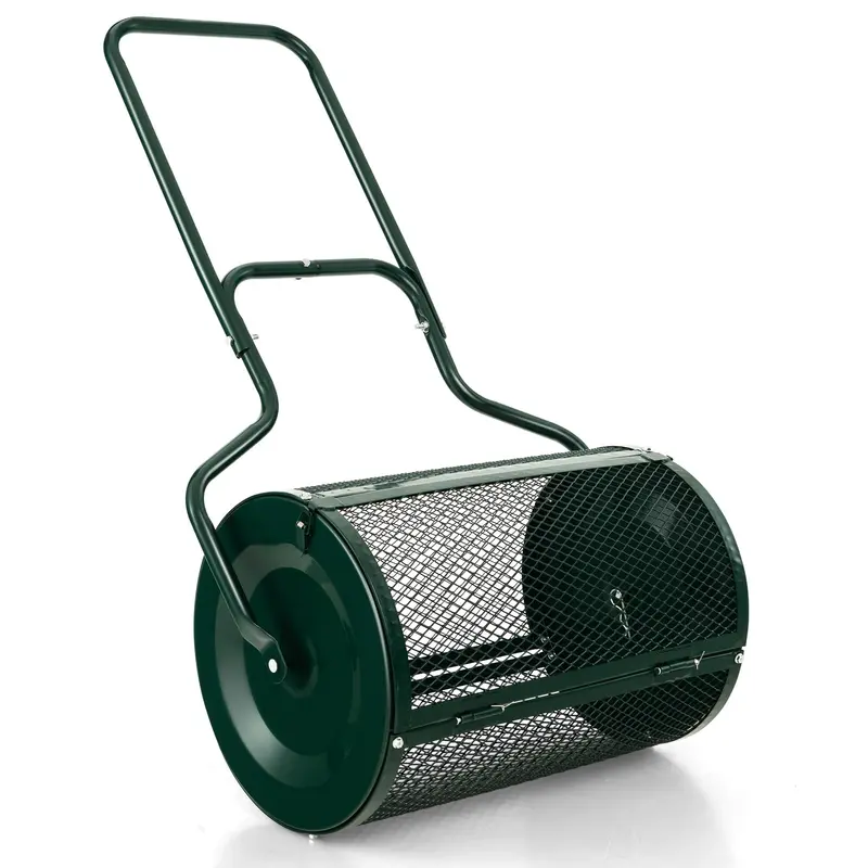 24-Inch Lightweight Compost Spreader with Dual-Latch Metal Mesh Roller for Lawn Topdressing & Grass Seeding