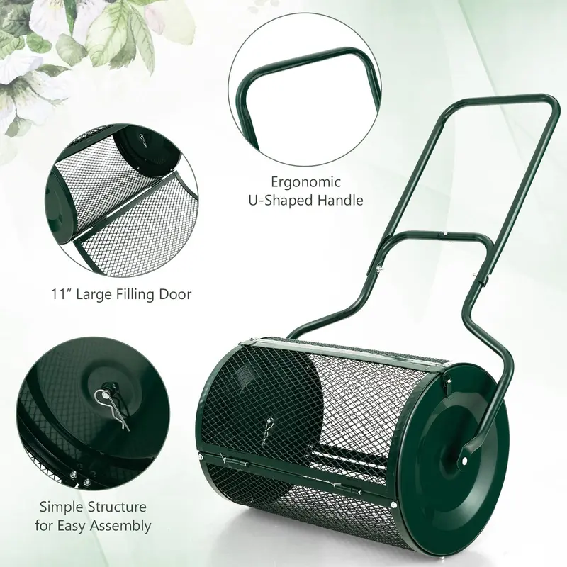 24-Inch Lightweight Compost Spreader with Dual-Latch Metal Mesh Roller for Lawn Topdressing & Grass Seeding 2