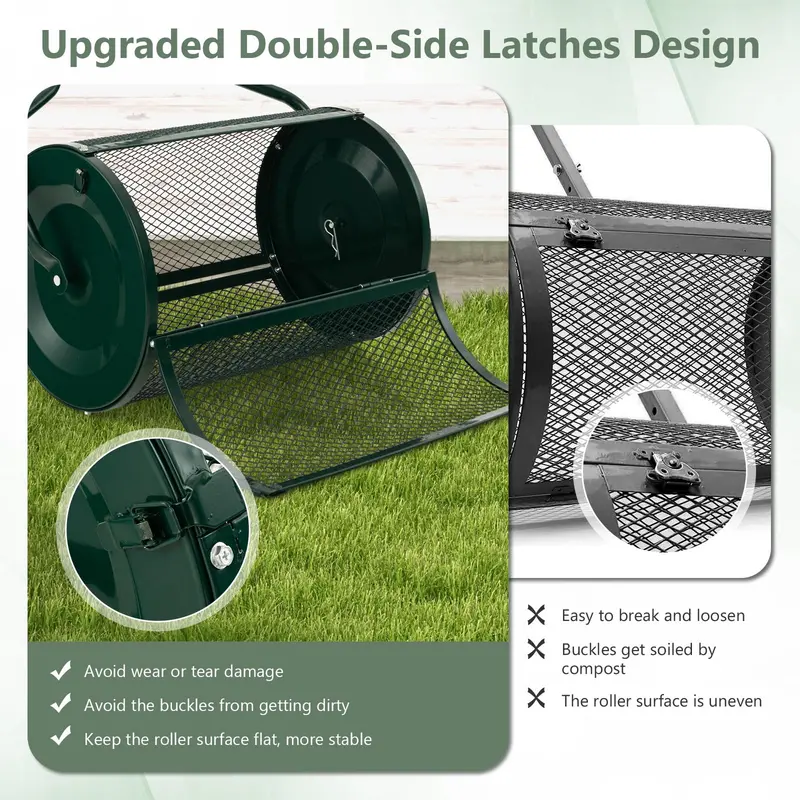 24-Inch Lightweight Compost Spreader with Dual-Latch Metal Mesh Roller for Lawn Topdressing & Grass Seeding
