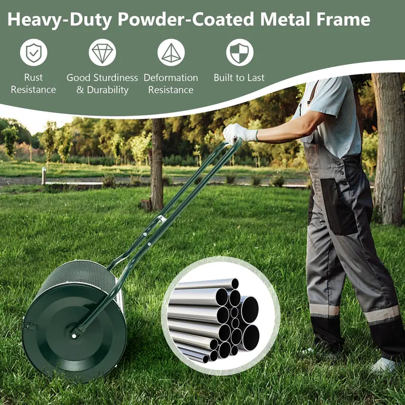 24-Inch Lightweight Compost Spreader with Dual-Latch Metal Mesh Roller for Lawn Topdressing & Grass Seeding