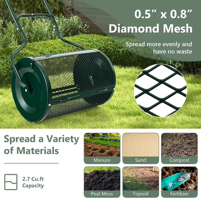 24-Inch Lightweight Compost Spreader with Dual-Latch Metal Mesh Roller for Lawn Topdressing & Grass Seeding