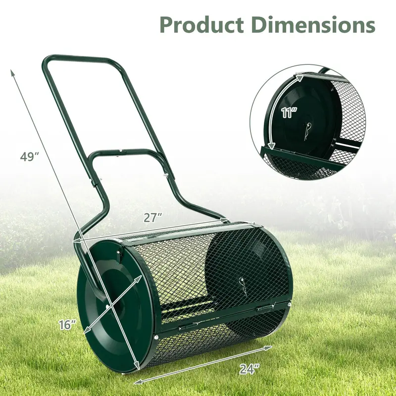 24-Inch Lightweight Compost Spreader with Dual-Latch Metal Mesh Roller for Lawn Topdressing & Grass Seeding