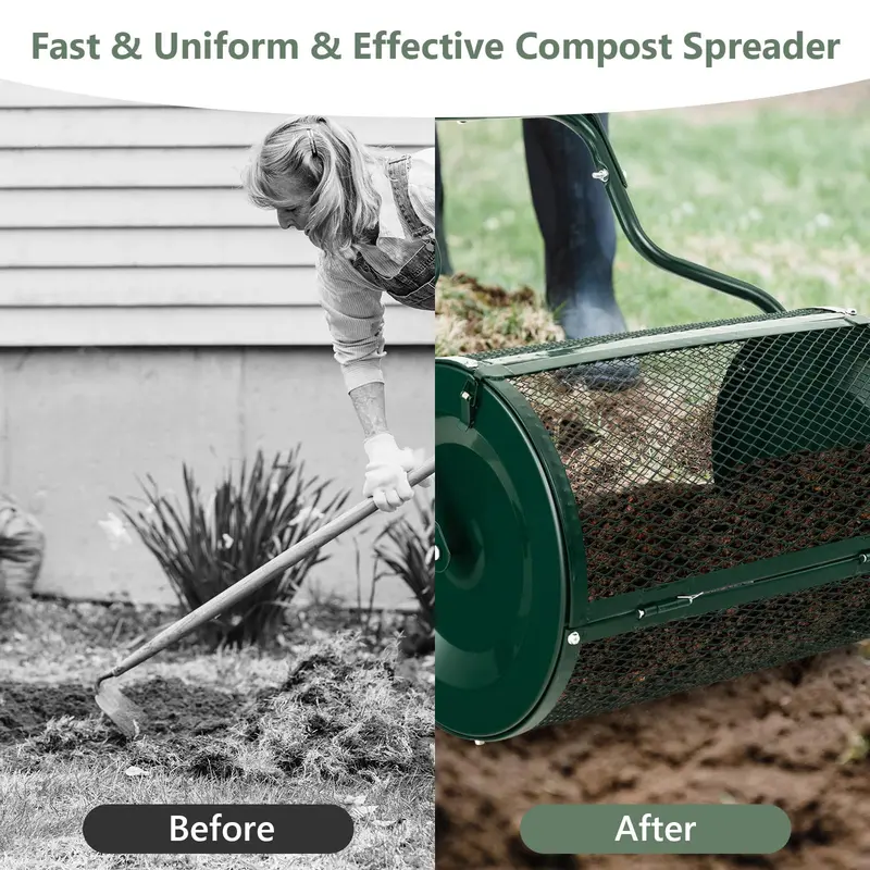 24-Inch Lightweight Compost Spreader with Dual-Latch Metal Mesh Roller for Lawn Topdressing & Grass Seeding