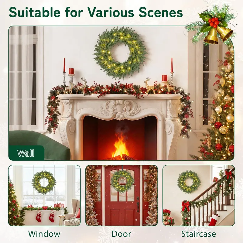24-Inch Pre-Lit Christmas Wreath – Wall or Window Decor with 108 Branch Tips & 35 Warm White LEDs