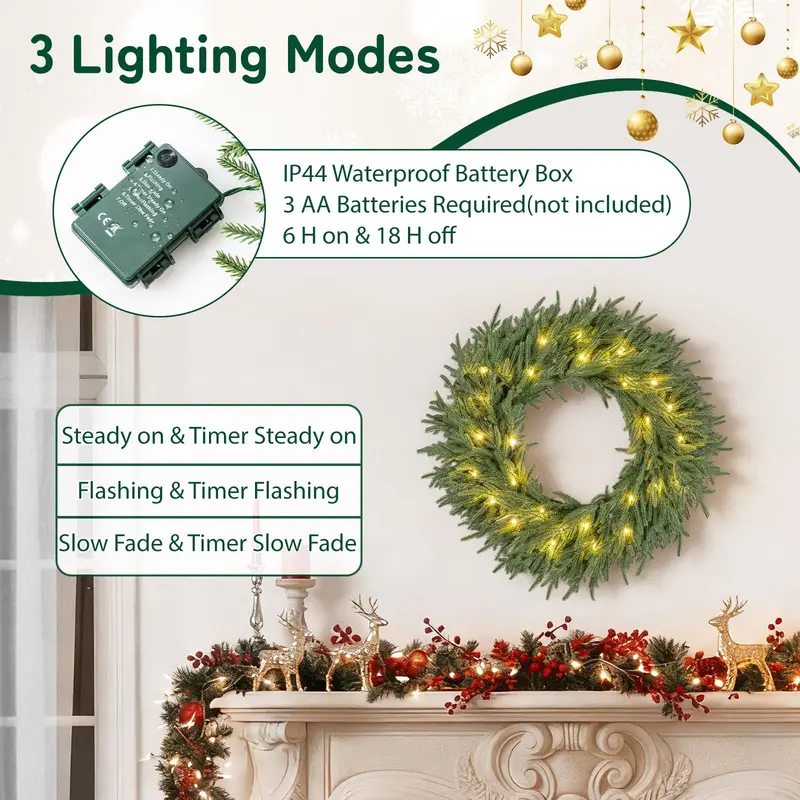 24-Inch Pre-Lit Christmas Wreath – Wall or Window Decor with 108 Branch Tips & 35 Warm White LEDs