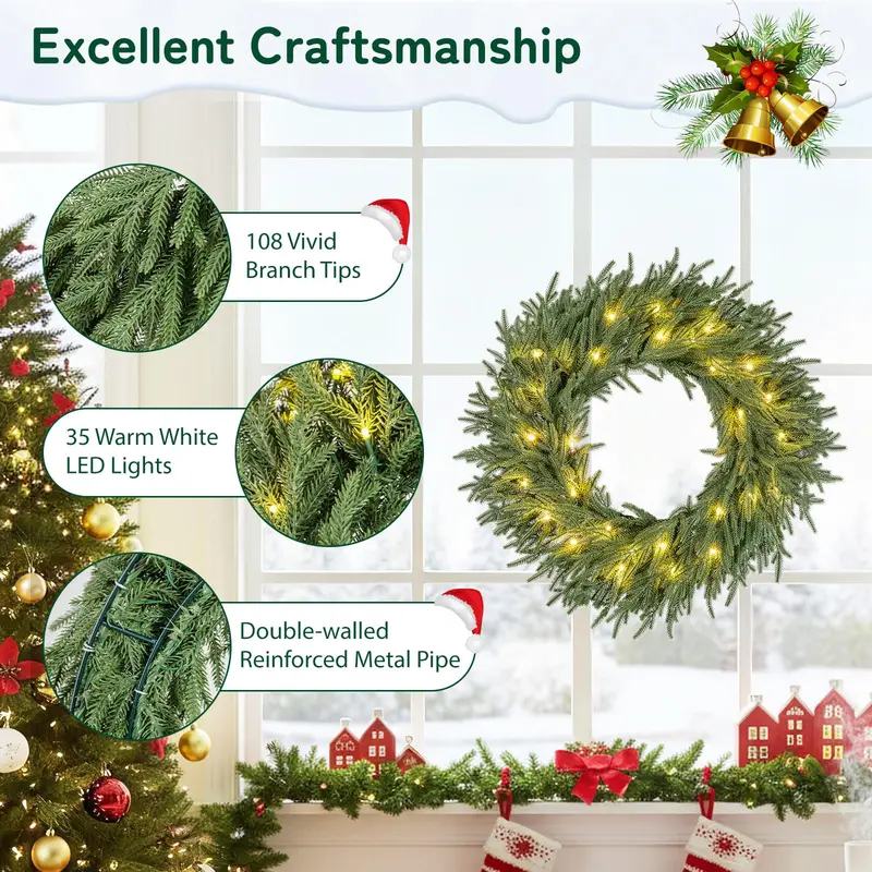 24-Inch Pre-Lit Christmas Wreath – Wall or Window Decor with 108 Branch Tips & 35 Warm White LEDs