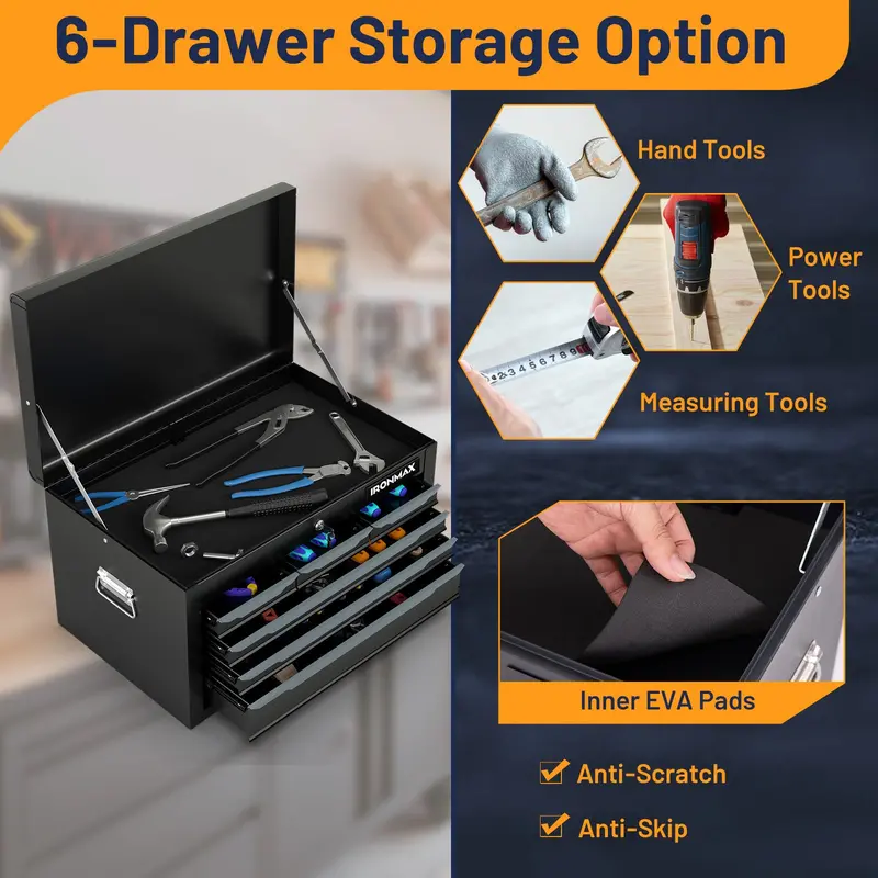 24-Inch Steel Tool Chest – 6-Drawer Heavy-Duty Toolbox with Top Lid Storage & Automatic Lock System