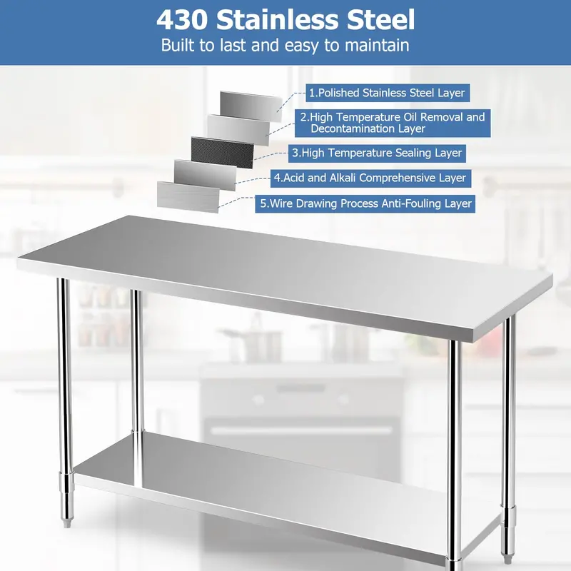 24" x 60" Stainless Steel Kitchen Prep Table with Adjustable Under-Shelf and Leveling Feet 2