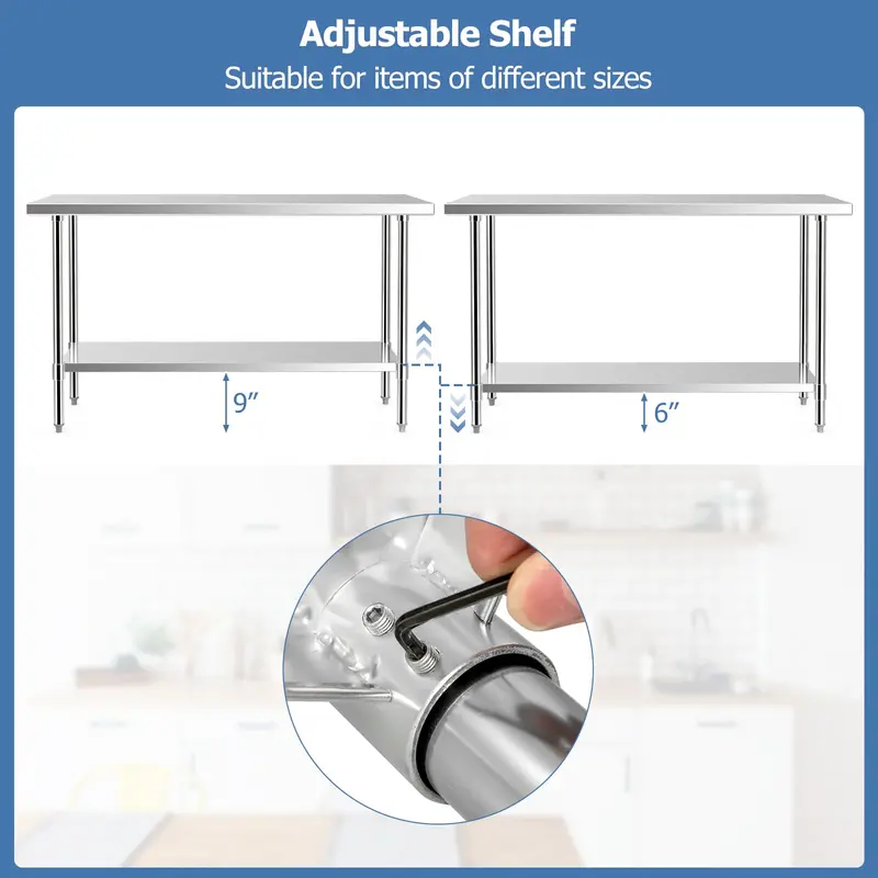 24" x 60" Stainless Steel Kitchen Prep Table with Adjustable Under-Shelf and Leveling Feet