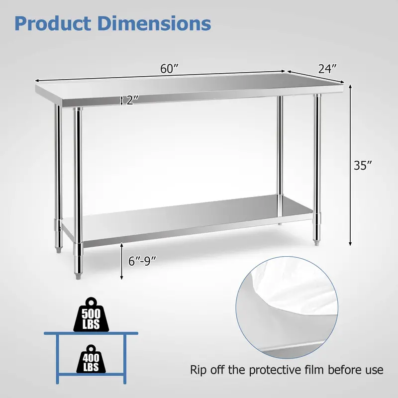 24" x 60" Stainless Steel Kitchen Prep Table with Adjustable Under-Shelf and Leveling Feet