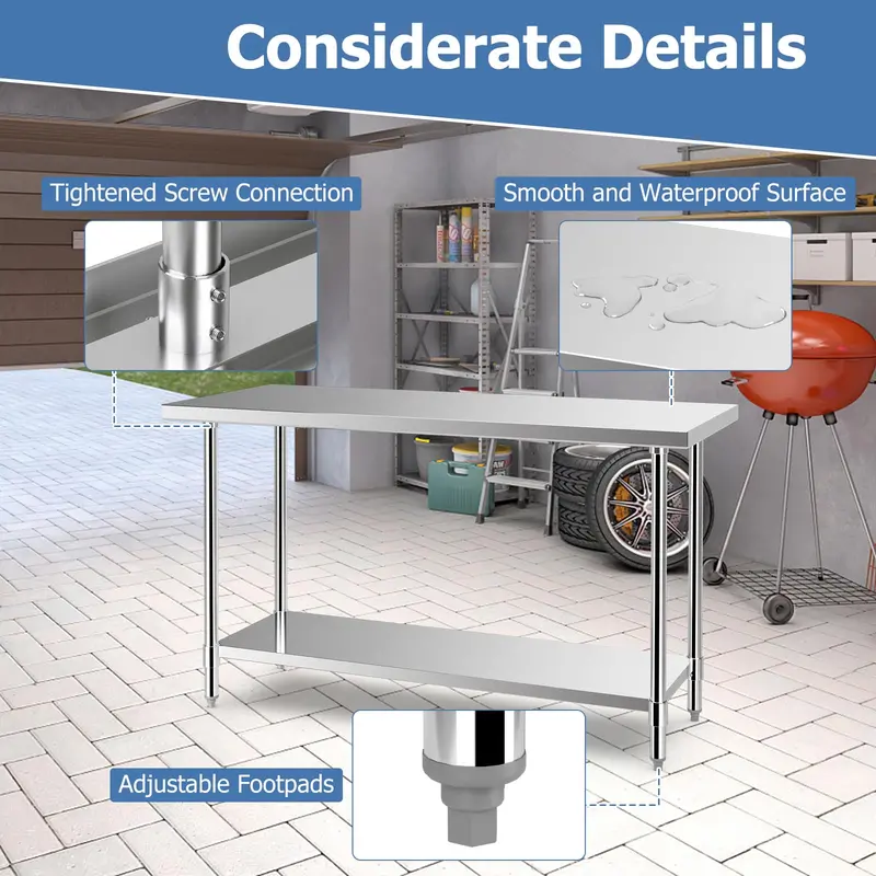 24" x 60" Stainless Steel Kitchen Prep Table with Adjustable Under-Shelf and Leveling Feet