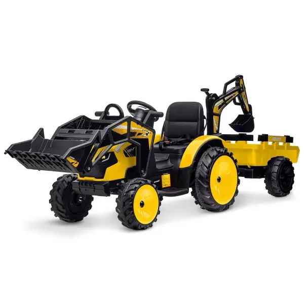 24V 3-in-1 Ride-On Tractor – Excavator & Bulldozer Modes, Remote, LED, USB/Bluetooth (Yellow)