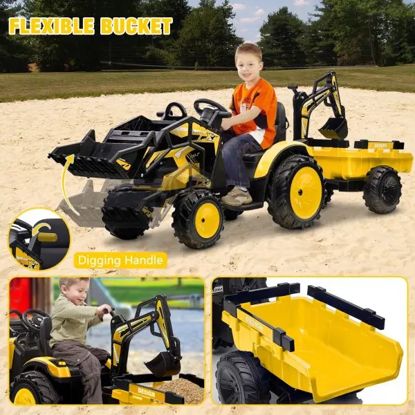 24V 3-in-1 Ride-On Tractor – Excavator & Bulldozer Modes, Remote, LED, USB/Bluetooth (Yellow)