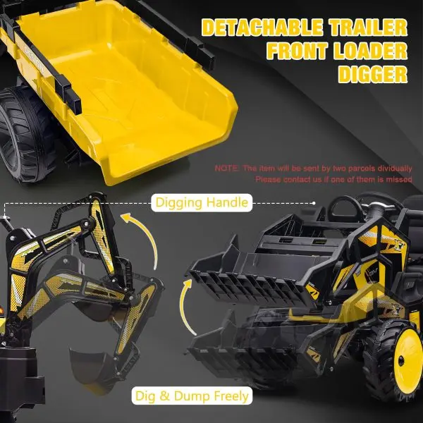 24V 3-in-1 Ride-On Tractor – Excavator & Bulldozer Modes, Remote, LED, USB/Bluetooth (Yellow)