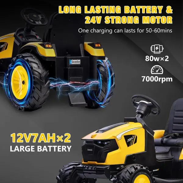 24V 3-in-1 Ride-On Tractor – Excavator & Bulldozer Modes, Remote, LED, USB/Bluetooth (Yellow)