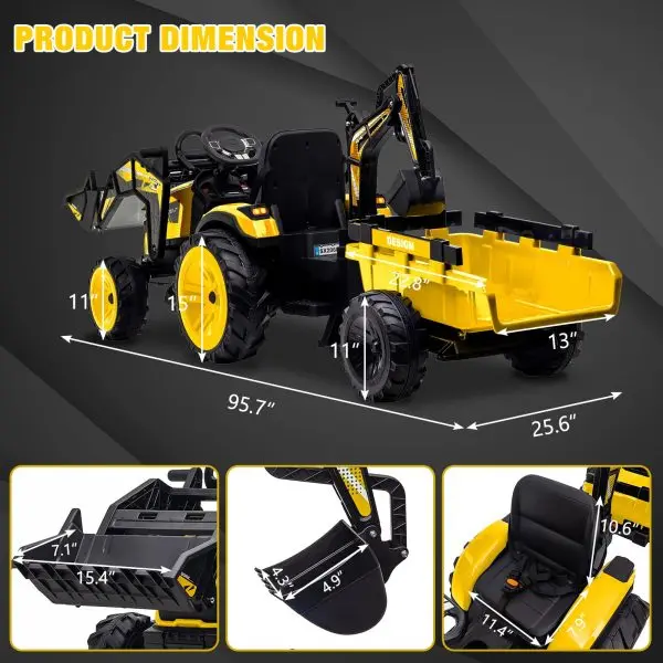 24V 3-in-1 Ride-On Tractor – Excavator & Bulldozer Modes, Remote, LED, USB/Bluetooth (Yellow)