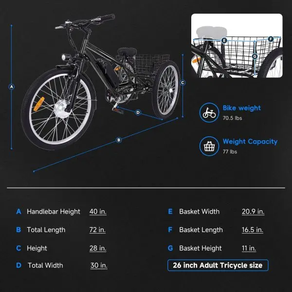 26" Adult Electric Tricycle – 3-Wheel Fat-Tire E-Trike with Basket, 7-Speed Gearing & 350W Motor