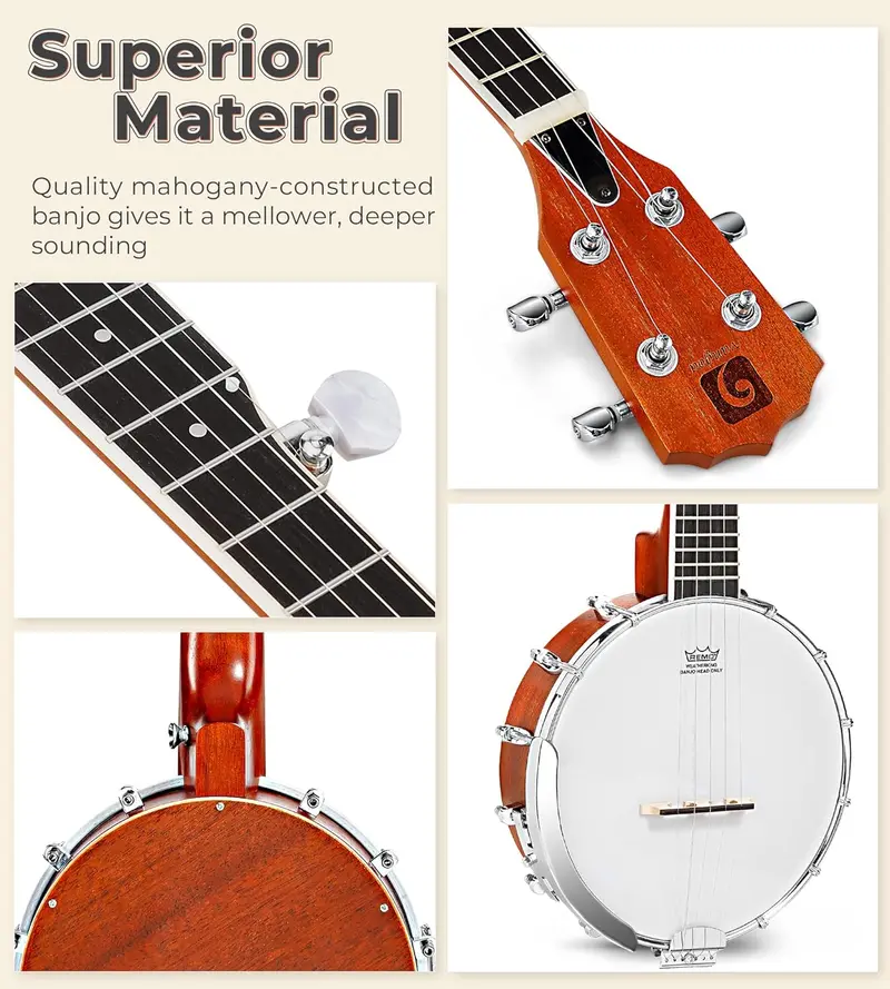 26" Mini Travel Banjo – Beginner Kit with Remo Head, Open/Closed Back Options & Carry Bag