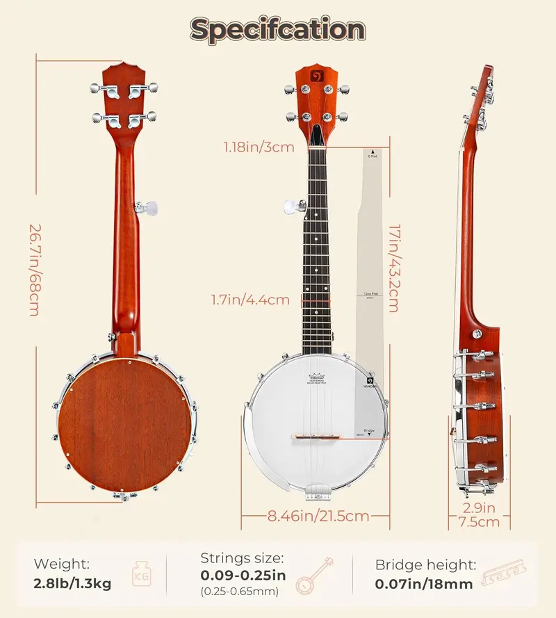 26" Mini Travel Banjo – Beginner Kit with Remo Head, Open/Closed Back Options & Carry Bag