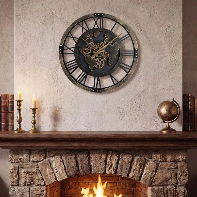27-Inch Gear-Driven World Map Wall Clock – Silent, Decorative Metal Design with Rotating Gears