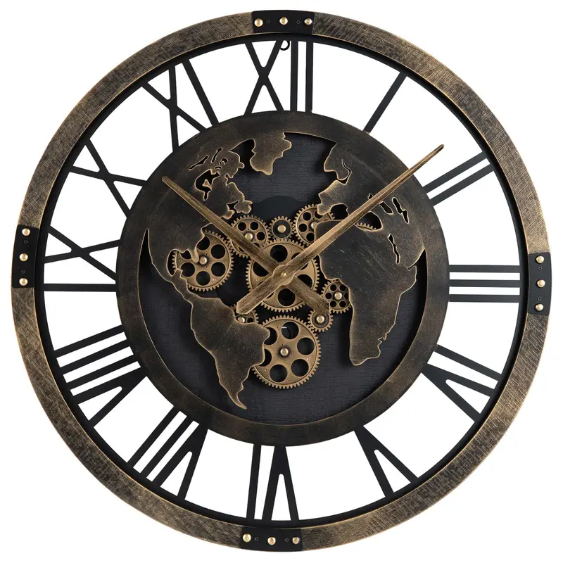 27-Inch Gear-Driven World Map Wall Clock – Silent, Decorative Metal Design with Rotating Gears 2