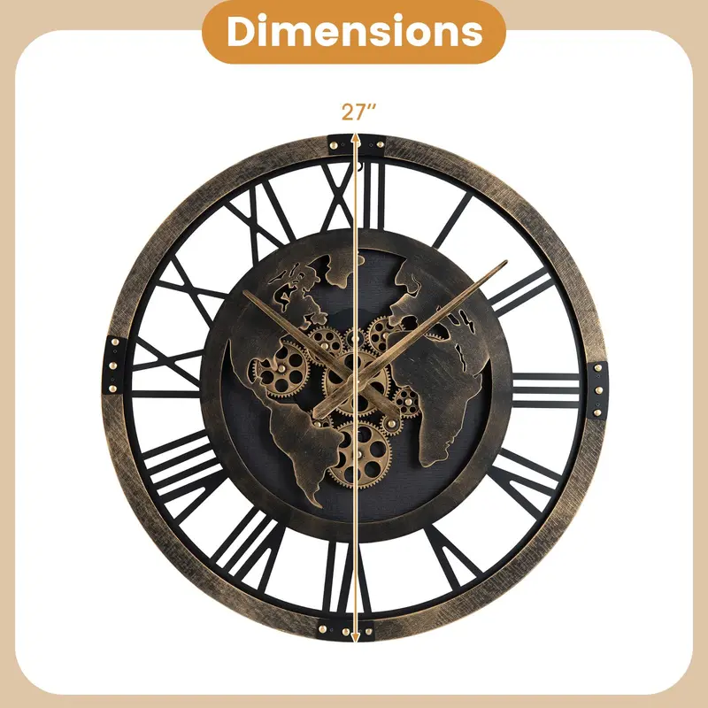 27-Inch Gear-Driven World Map Wall Clock – Silent, Decorative Metal Design with Rotating Gears