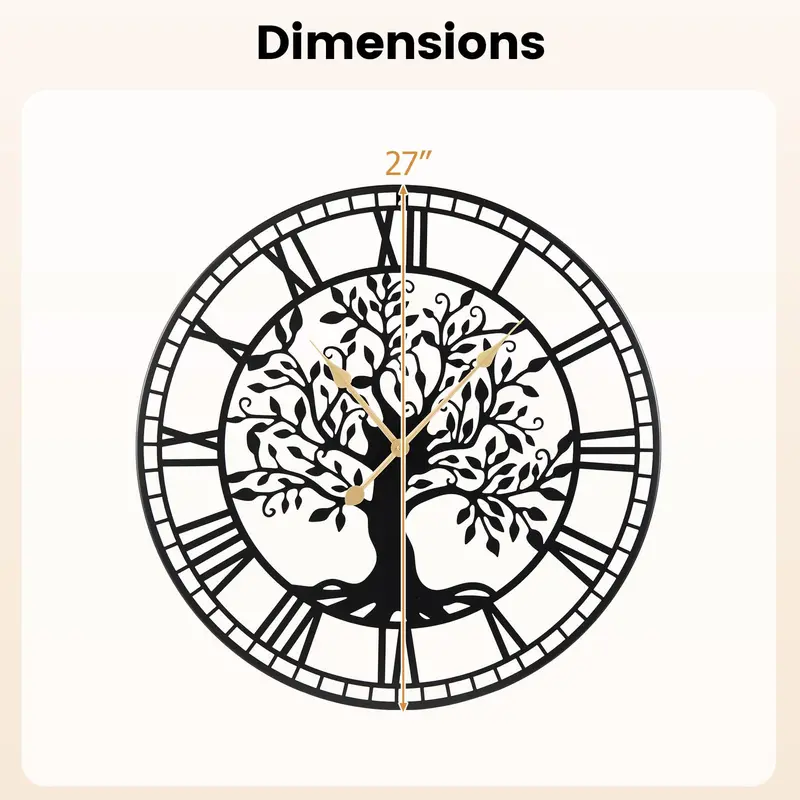 27-Inch Tree of Life-Themed Battery-Operated Metal Wall Clock with Elegant Finish