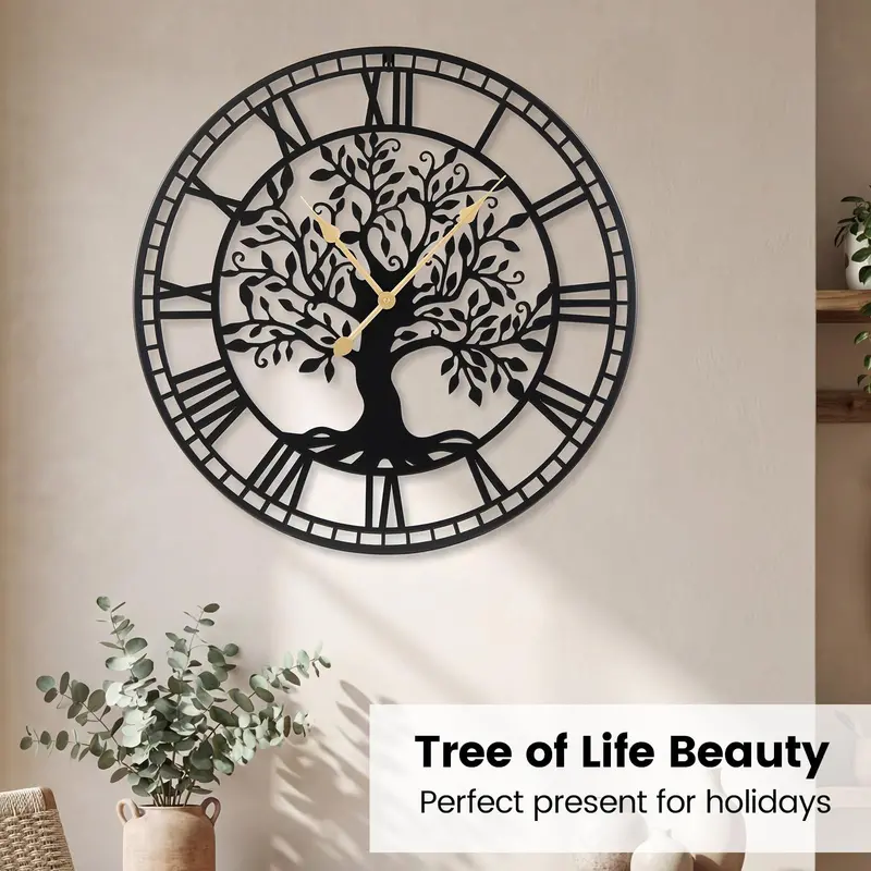27-Inch Tree of Life-Themed Battery-Operated Metal Wall Clock with Elegant Finish