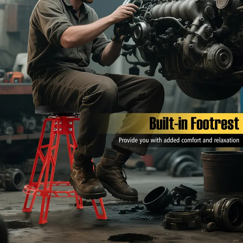 28-Inch Swivel Workshop Stool with Padded Circular Seat and Integrated Footrest