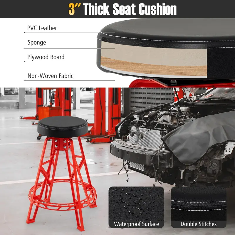 28-Inch Swivel Workshop Stool with Padded Circular Seat and Integrated Footrest