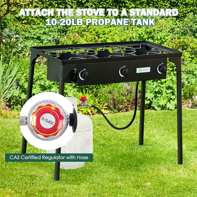 3-Burner Portable Propane Stove for Outdoor Cooking, Cast Iron Construction
