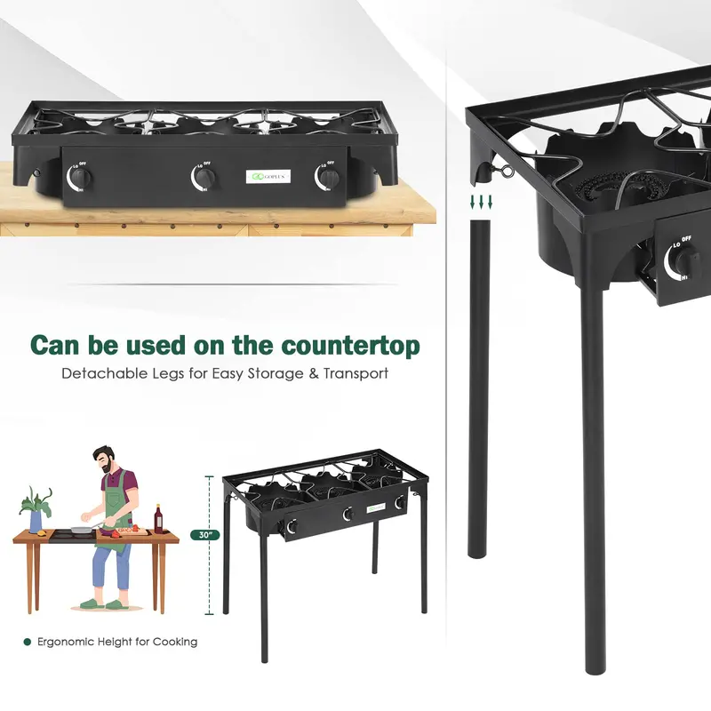 3-Burner Portable Propane Stove for Outdoor Cooking, Cast Iron Construction