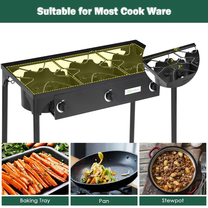 3-Burner Portable Propane Stove for Outdoor Cooking, Cast Iron Construction