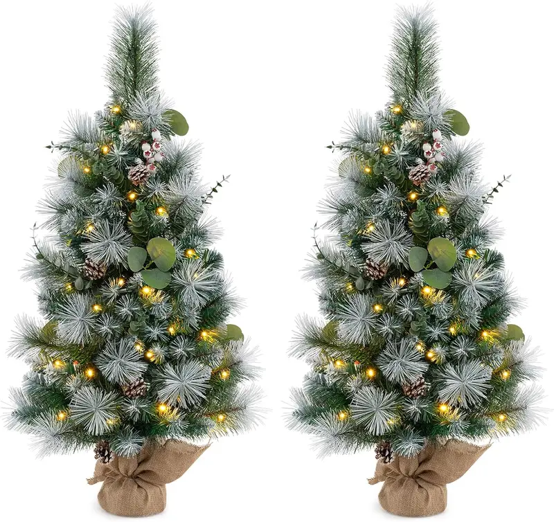 3 ft Flocked Mini Tabletop Christmas Tree – 30 Warm White LEDs, Auto-Timer, 98 Snow-Flocked PVC/Pine Tips