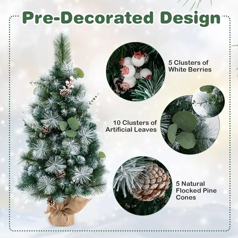 3 ft Flocked Mini Tabletop Christmas Tree – 30 Warm White LEDs, Auto-Timer, 98 Snow-Flocked PVC/Pine Tips