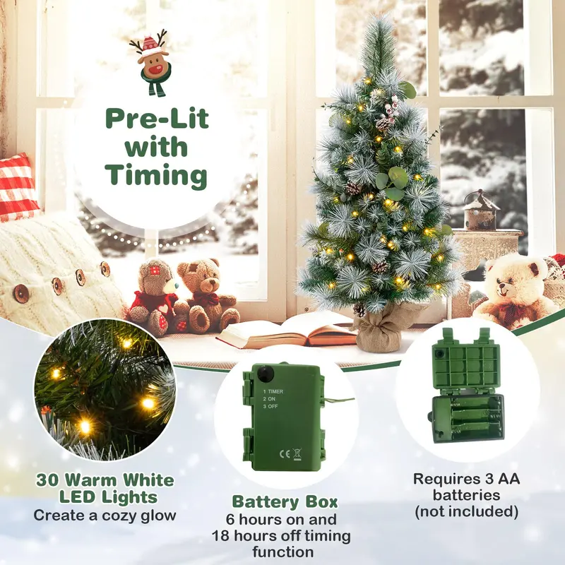 3 ft Flocked Mini Tabletop Christmas Tree – 30 Warm White LEDs, Auto-Timer, 98 Snow-Flocked PVC/Pine Tips