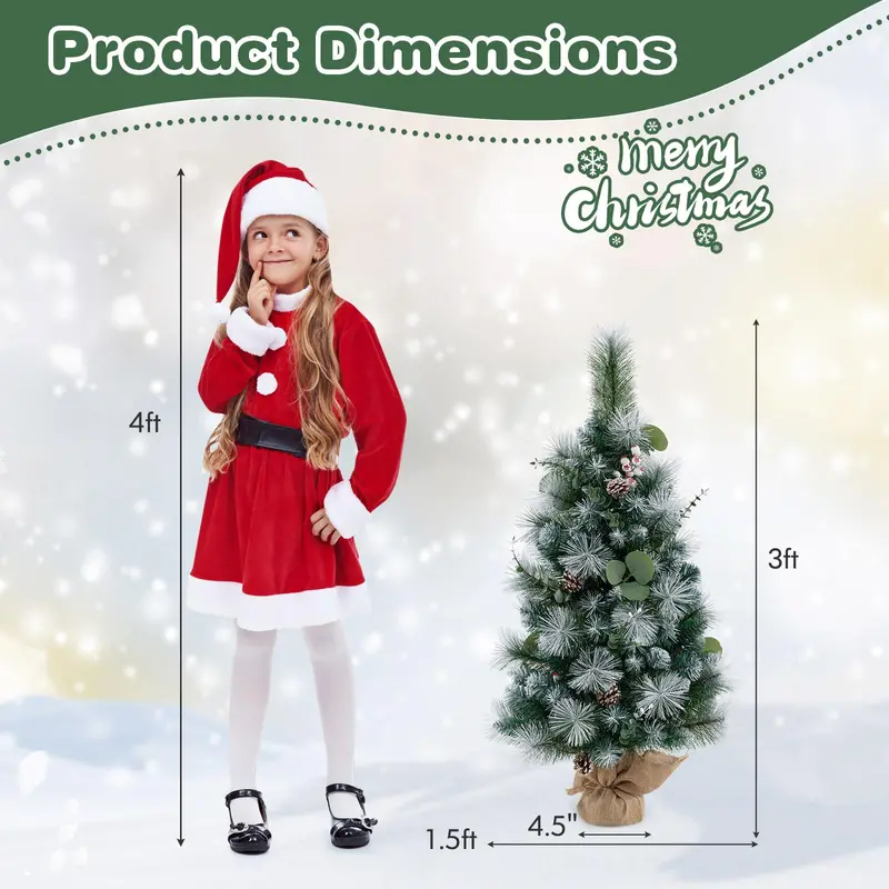 3 ft Flocked Mini Tabletop Christmas Tree – 30 Warm White LEDs, Auto-Timer, 98 Snow-Flocked PVC/Pine Tips