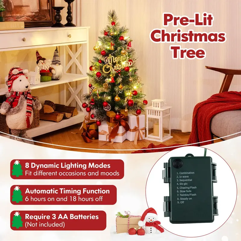 3 ft Mini Tabletop Pre-Lit Christmas Tree – 20 Warm White LEDs, 8 Lighting Modes & Timer, 81 PVC/Pine Tips