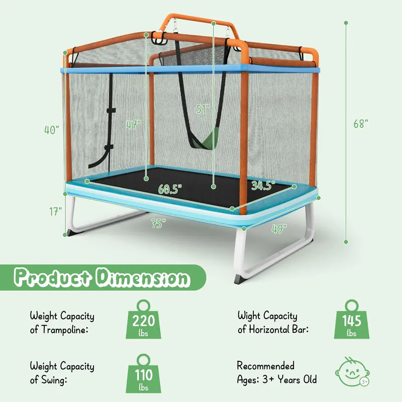 3-in-1 Toddler Trampoline: Bounce, Swing & Pull-Up Bar with Safety Enclosure