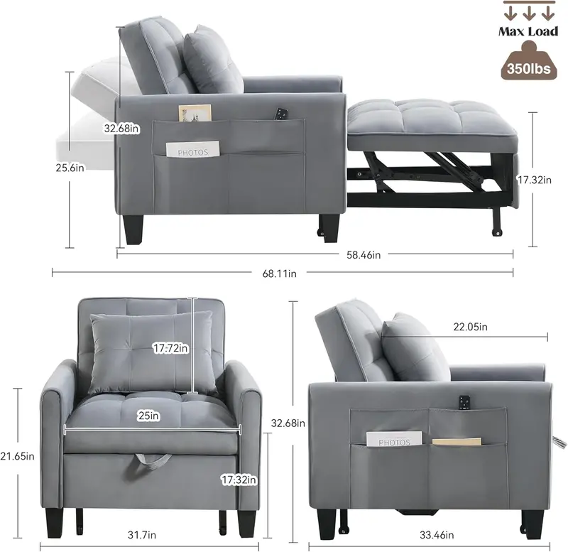 3-in-1 Velvet Sleeper Chair – Adjustable Backrest Pull-Out Bed with Compact Single-Sofa Design
