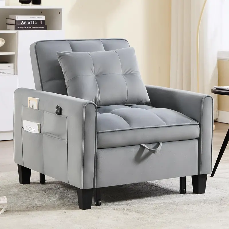 3-in-1 Velvet Sleeper Chair – Adjustable Backrest Pull-Out Bed with Compact Single-Sofa Design