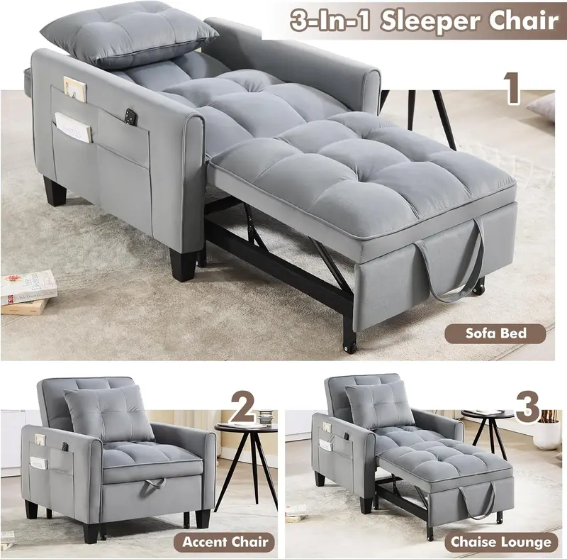 3-in-1 Velvet Sleeper Chair – Adjustable Backrest Pull-Out Bed with Compact Single-Sofa Design